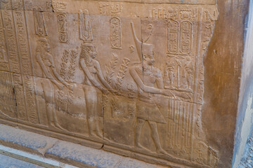Egyptian hieroglyphs and engravings on the ceiling of Kom Ombo Temple, Egypt