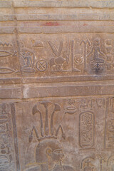 Egyptian hieroglyphs and engravings on the walls of Kom Ombo Temple on the Nile river in Egypt including Cleopatra giving birth