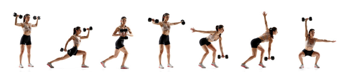 Caucasian fit woman with black dumbbell in action.