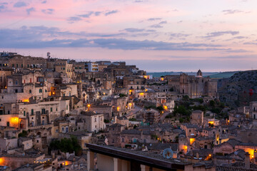 Fototapeta na wymiar Sunrise in Matera. The city of stones. A panorama in Basilicata