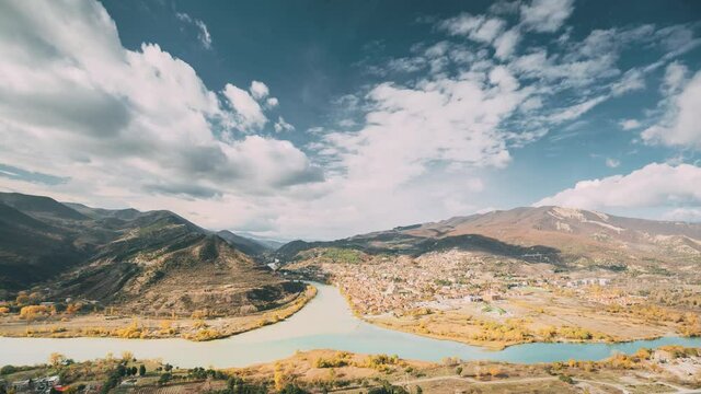Mtskheta Georgia. Top View Skyline Of Ancient Town Located At Valley Of Confluence Of Rivers Mtkvari Kura, Aragvi In Picturesque Highlands