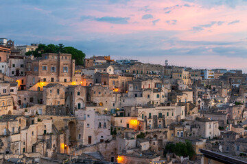 Fototapeta na wymiar Sunrise in Matera. The city of stones. A panorama in Basilicata