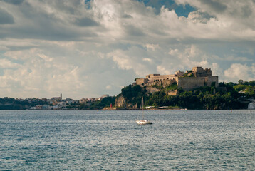 Italy, Campania, panoramic view from sea of Aragonese Castle