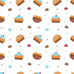 Seamless textile illustration with elements of sweets and sweet pastries, muffins, buns, candies on a white background. Background for fabric or wallpaper.