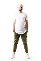 Funny skeptical young bearded bald man with pessimistic raised eyebrows expression. Full body length isolated on white background