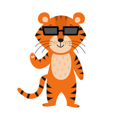 Cute tiger in sunglasses waving. Sweet animal. Year of the tiger. Symbol of 2022. Flat vector illustration. Cartoon style.