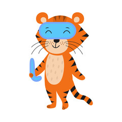 Cute tiger in a mask and with a bathing snorkel. Summer vacation concept. Year of the tiger. Symbol of 2022. Flat vector illustration. Cartoon style.