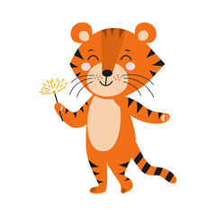 A cute tiger with a sparkler in its paws celebrates the new year. Holiday and joy concept. Year of the tiger. Symbol of 2022. Flat vector illustration. Holiday concept. Cartoon style.