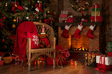 Festive interior inside wooden house, New Year's cheerful mood Spirit of Christmas