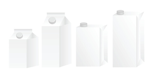 Set of blank milk package with screw cap isolated on white background.Juice cardboard box mockup vector design.3d realistic vector illustration.Template,  banner or layout for design.Retail concept.
