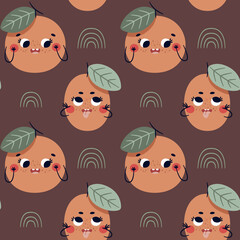 Vector seamless pattern with funny fruits characters: Apricot, Orange and rainbow, leaves. Cartoon illustration for baby shower, nursery room decor, children design