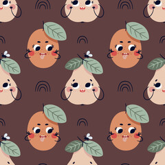 Vector seamless pattern with funny fruits characters: Pear, Apricot, rainbow and insects. Cartoon illustration for baby shower, nursery room decor, children design