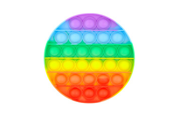 Pop it fidget toy isolated on white background, top view. Rainbow round anti stress fidget