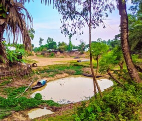 Beautiful village scenery with pond boat green trees and nice sky asia bangladesh