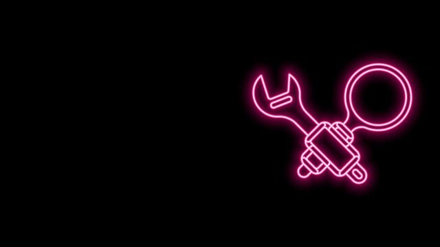 Glowing neon line Debugging icon isolated on black background. Debugging tool. Magnifying glass on bug programming. Testing and setting software. 4K Video motion graphic animation