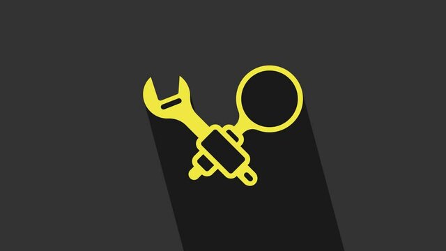 Yellow Debugging icon isolated on grey background. Debugging tool. Magnifying glass on bug programming. Testing and setting software. 4K Video motion graphic animation