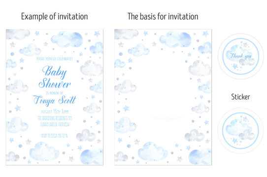 Blue clouds and stars invitation card layout watercolor. Dream, sky, flight. Scandunavian. Baby shower, birthday invitation card. Welcome Baby; Hello Boy, illustration; hello world