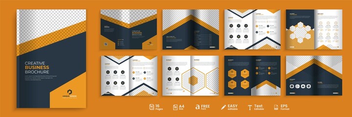  16 pages business profile, modern orange and black combination bi-fold brochure template, fully editable brochure template design.
