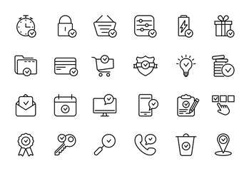 Set of Approve Line Icons. Check Marks, Ticks Linear Pictogram. Contains such Icons as Check List, Test, Award, Quality Control. Thin Line Design. Editable stroke. Vector illustration