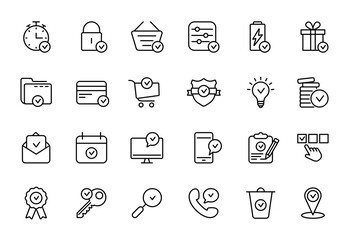 Set of Approve Line Icons. Check Marks, Ticks Linear Pictogram. Contains such Icons as Check List, Test, Award, Quality Control. Thin Line Design. Editable stroke. Vector illustration