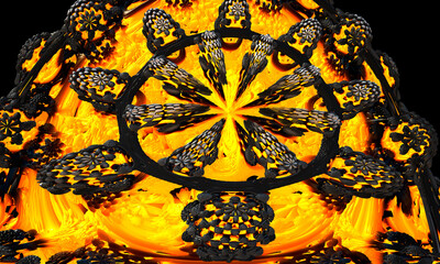 lava fractal world surrounded by geometric shapes. Lava landscape background.