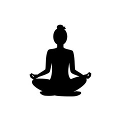 Woman practices meditation in lotus position, black silhouette on white background. Slender girl doing yoga asana crossed legs. Yoga complex. The concept of healthy lifestyle. Vector illustration