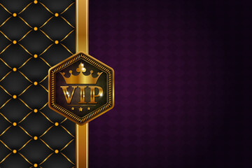 VIP party premium invitation card poster flyer. Black and gold design template. Quilted pattern decorative background with gold ribbon and round icon.