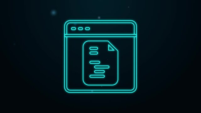 Glowing neon line Software, web developer programming code icon isolated on black background. Javascript computer script random parts of program code. 4K Video motion graphic animation
