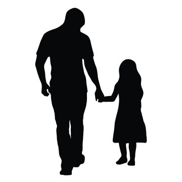 Silhouette of a father and child holding hands. Male silhouette with toddler vector illustration.