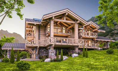 3d rendering of modern cozy chalet with pool and parking for sale or rent.  Massive timber beams columns. Beautiful forest mountains on background. Clear summer evening with cozy light from window