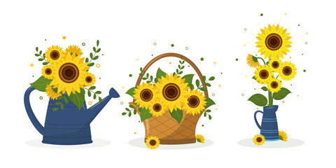 A set of three bouquets of sunflower in a garden watering can, in a woven basket and in a blue jug. Vector illustration for your design.