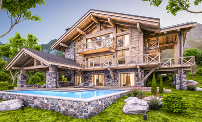 Fototapeta na wymiar 3d rendering of modern cozy chalet with pool and parking for sale or rent. Massive timber beams columns. Beautiful forest mountains on background. Clear summer evening with cozy light from window
