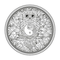 Owl on the branch. Design Zentangle. Tattoo art. Yin and Yang. Abstract circle mandala. Print for t-shirts and textiles. Design for spiritual relaxation for adults. Zen art. Outline for tattoo