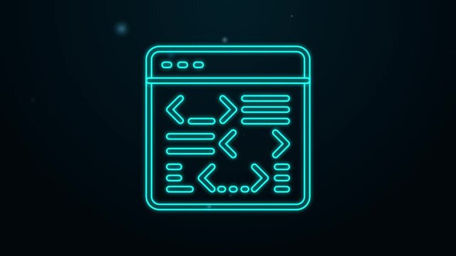 Glowing neon line Software, web developer programming code icon isolated on black background. Javascript computer script random parts of program code. 4K Video motion graphic animation