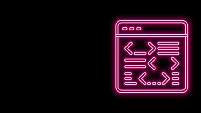 Glowing neon line Software, web developer programming code icon isolated on black background. Javascript computer script random parts of program code. 4K Video motion graphic animation
