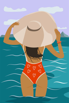 A girl stands in the sea and looks at the horizon, facing the sun. A cute woman in a red swimsuit and a big hat is about to swim. Cartoon vector illustration with seascape