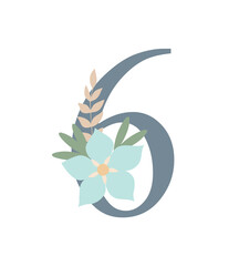 Number decorated with flowers, floral monogram vector illustration in simple boho style, flat pastel colored decorative lettering collection