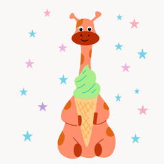 Obraz na płótnie Canvas Giraffe sits and eats ice cream.