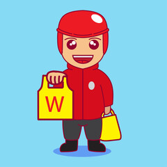 cute cartoon illustration of a delivery man or online motorcycle taxi giving a fast food order to a customer