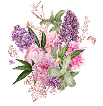 Lush peony and ilac bouquet with rose gold floral elements