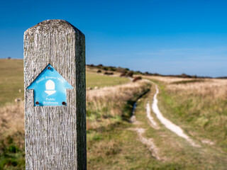 South Downs Way direction marker on the rural rambling route which runs 100 miles of Sussex countryside along the south coast of England. - 438800148
