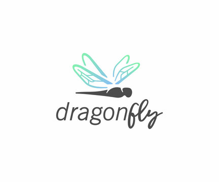 Dragonfly in flight logo design. Damselfly with colorful wings vector design. Insect logotype