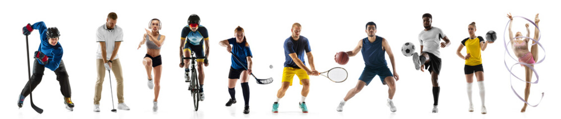 Sport collage. Tennis, soccer football, basketball players posing isolated on white studio...