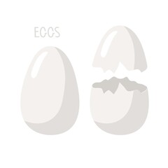 White chicken egg set. Whole and Cracked eggs. Vector culinary ingredient isolated on white background. Flat design style for menu, cafe, restaurant, poster, banner, emblem, sticker.