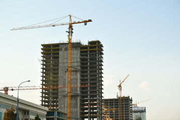 construction, crane, building, architecture, site, sky, skyscraper, concrete, build, city, industry, house, development, business, urban, buildings, blue, structure, steel, apartment, cranes, new, tow