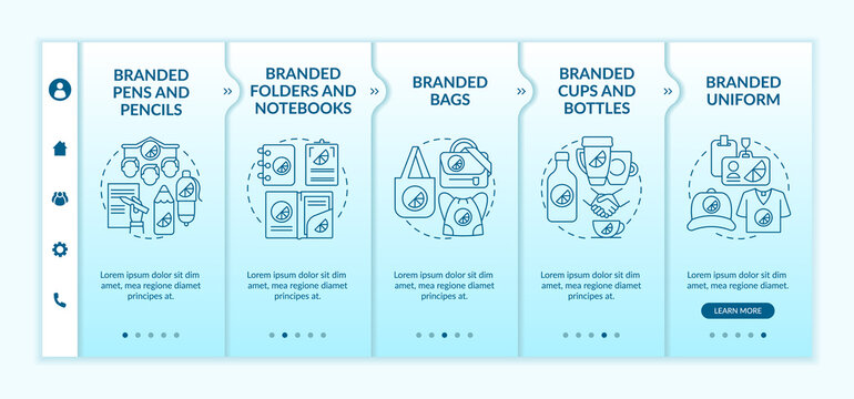 Corporate identity items onboarding vector template. Responsive mobile website with icons. Web page walkthrough 5 step screens. Branded notebooks, pens color concept with linear illustrations