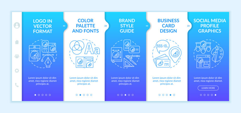 Corporate branding services onboarding vector template. Responsive mobile website with icons. Web page walkthrough 5 step screens. Social media profile graphics color concept with linear illustrations