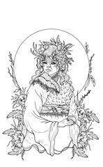 Fototapeta na wymiar Fairytale beautiful forest girl deer with long hair and pigtails, with horns and flowers in head, in a mantle with long sleeves and fur, in vegetation, on the background of a large moon, with fawns.