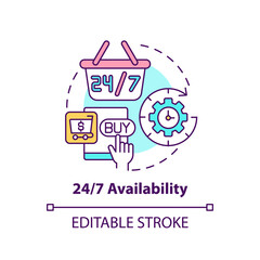 24 7 availability concept icon. Online marketplace benefit abstract idea thin line illustration. Handling customer service on 24 hour basis. Vector isolated outline color drawing. Editable stroke - obrazy, fototapety, plakaty