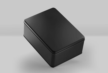 Black Rectangular Metal box, Dark blank aluminium can container with lid, 3d rendered isolated on light background
